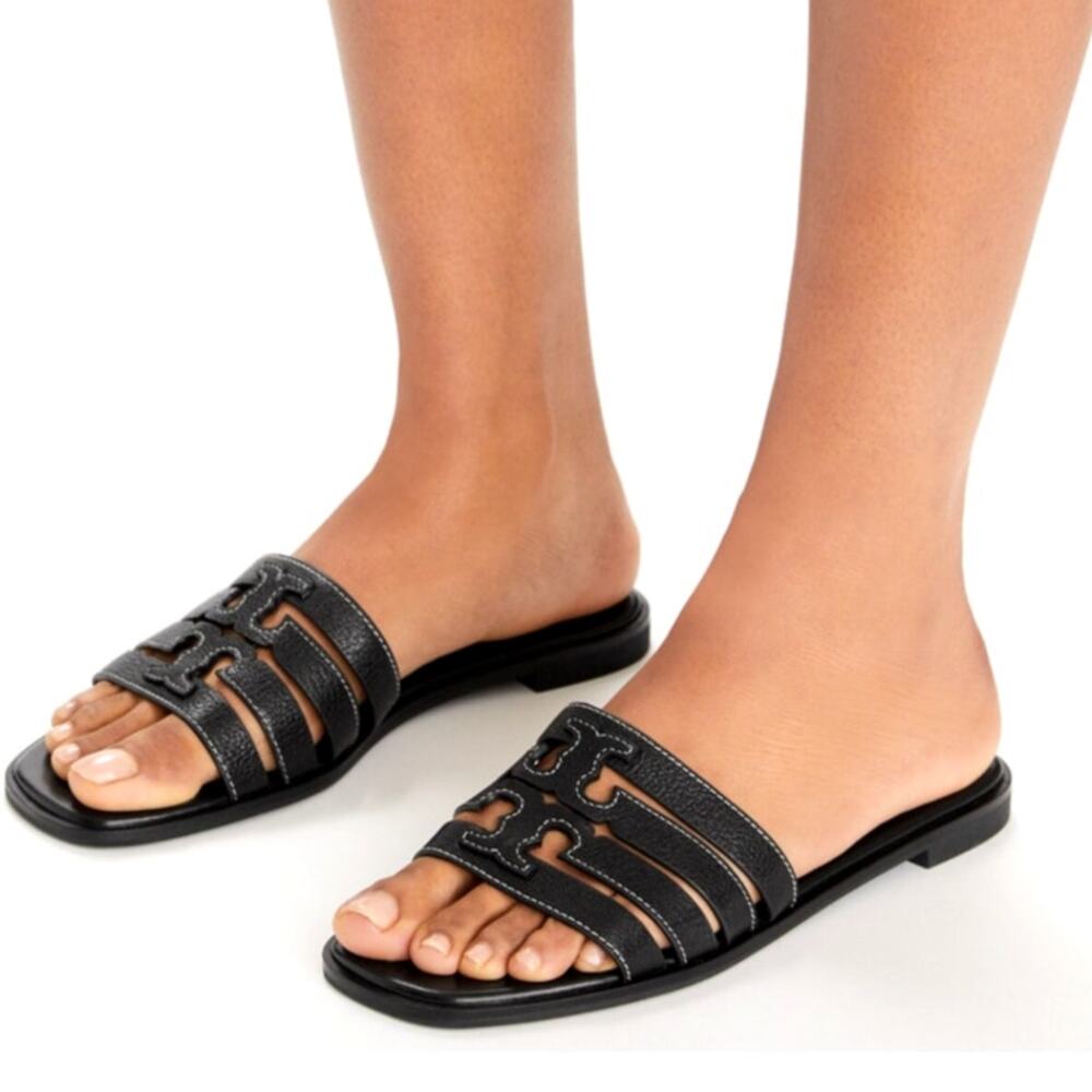 Tory Burch Ines Cage Tumbld Leather Slide Sandals Perfect Black Size 8